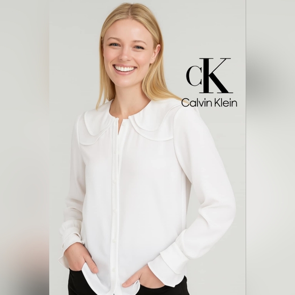 Calvin Klein Tops - Calvin Klein White Long Sleeve Peter Pan Collar  Elegant Blouse Ruffle Cuff SzM